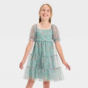 Girls' Zenzi sage Green Floral Tiered Tulle Dress